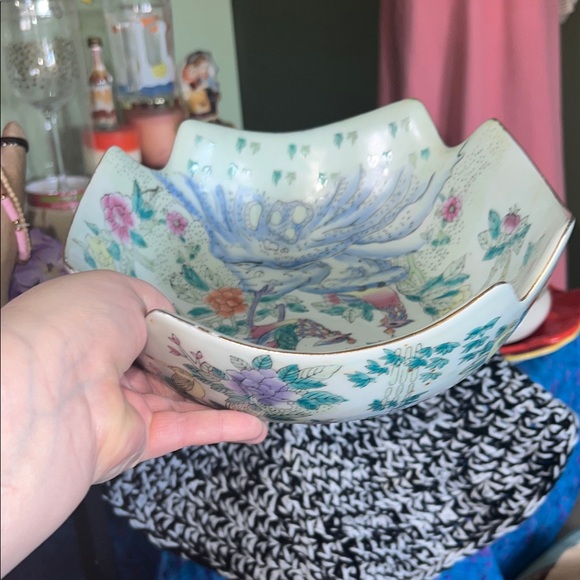 Vintage Chinese Satsuma Bowl Birds Of Paradise with Wood Stand - Picture 6 of 14